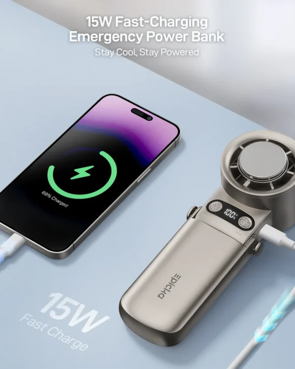 EPICHA 15W fast-charging emergency power bank with fan, charging a smartphone.