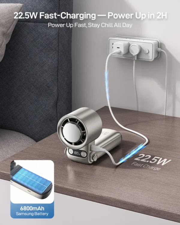 Portable fan power bank with 6800mAh Samsung battery, 22.5W fast charging.