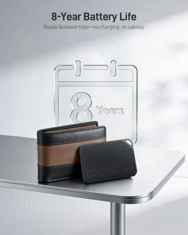 Epicka smart tracker and wallet, showcasing 8-year battery life