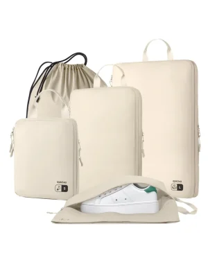 Epicka cream travel organizer set with packing cubes, shoe bag, and drawstring pouch