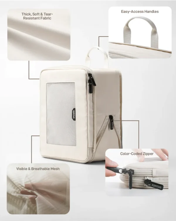 beige-visible-mesh-packing-cubes Epicka beige packing cube with mesh window, durable fabric, handle, and color-coded zippers.