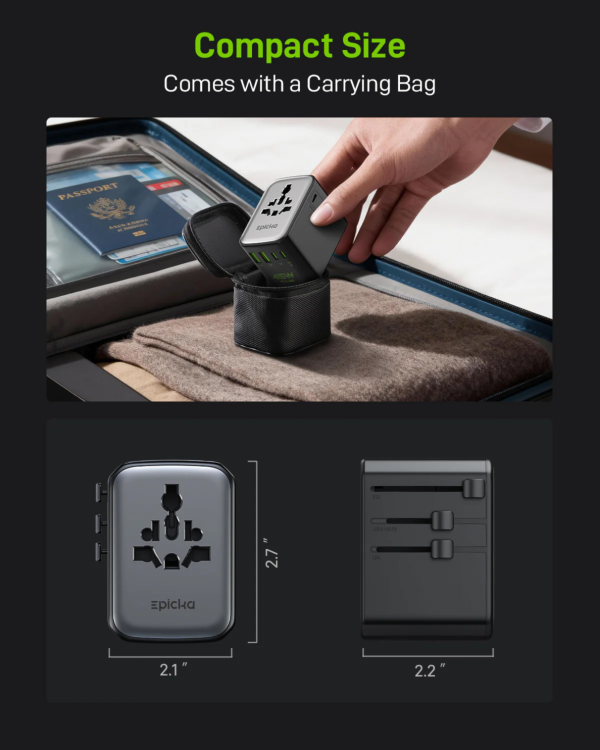 Epicka compact universal travel adapter with carrying bag