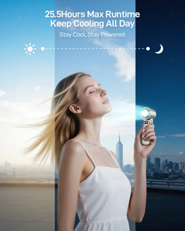 Woman staying cool all day with a 25.5-hour portable fan.