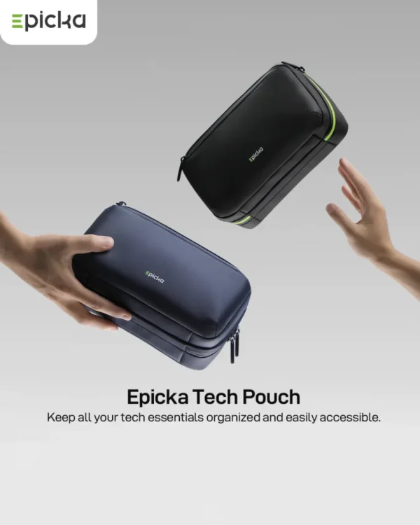Epicka Tech Pouch in black and blue for organizing electronics and accessories.