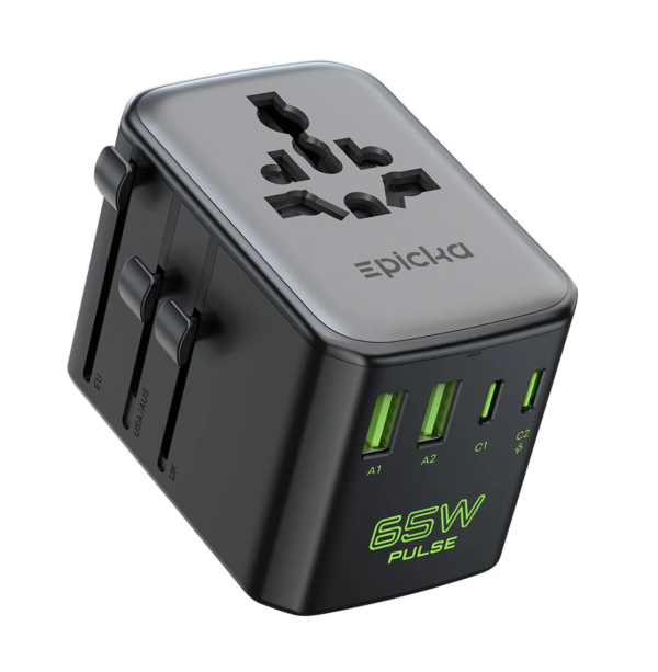 Epicka 65W all-in-one universal travel adapter with USB-A and USB-C charging ports