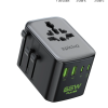 Epicka 65W Pulse universal travel adapter with multi-region plugs, 2 USB-A, 2 USB-C ports, and 1 AC outlet.