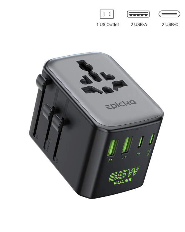 Epicka 65W Pulse universal travel adapter with multi-region plugs, 2 USB-A, 2 USB-C ports, and 1 AC outlet.