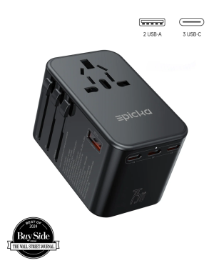 Epicka 75W GaN universal travel adapter with 3 USB-C and 2 USB-A ports, Wall Street Journal Best of 2024 award.