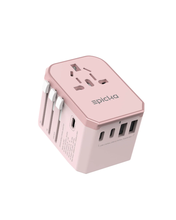 Pink Epicka universal travel adapter with USB-C and USB ports