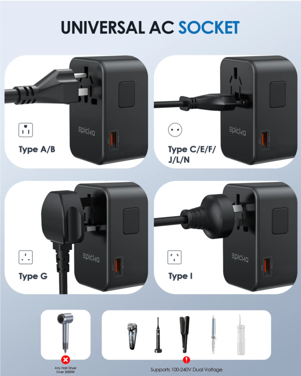 Epicka universal travel adapter with multi-type AC sockets (A/B, C/E/F/J/L/N, G, I), USB ports, and dual voltage support.