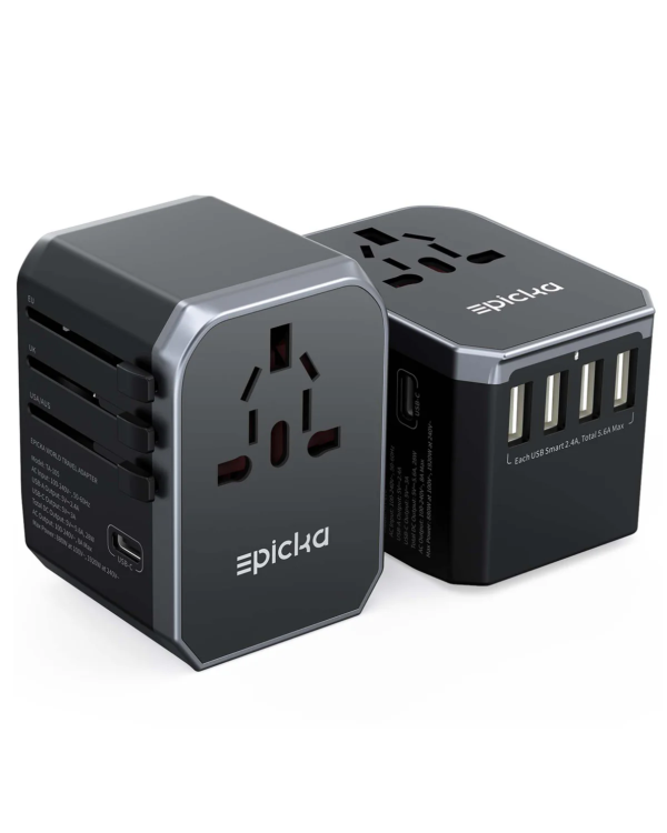epicka-world-travel-adapter-ta-105 Epicka universal travel adapter with USB-C and USB-A ports for international charging.