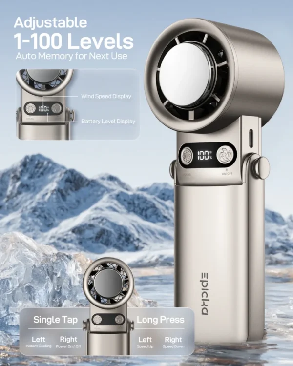Portable epicla handheld cooling fan with 1-100 adjustable levels and digital wind/battery display.