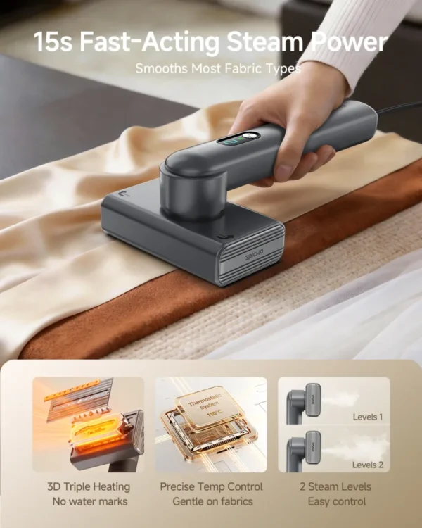 fast-dual-voltage-global-travel-garment-steamer Epicka handheld garment steamer smoothing wrinkles on fabric, featuring 15s fast heating and two steam levels.