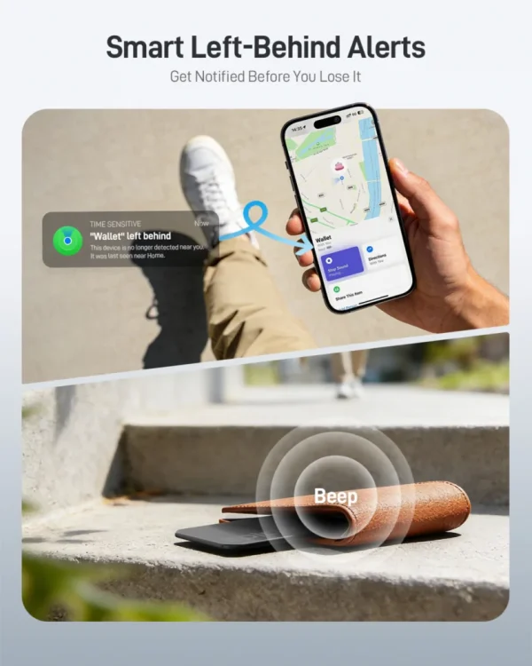 Smart left-behind alerts: phone showing lost wallet notification, wallet emitting beep sound.