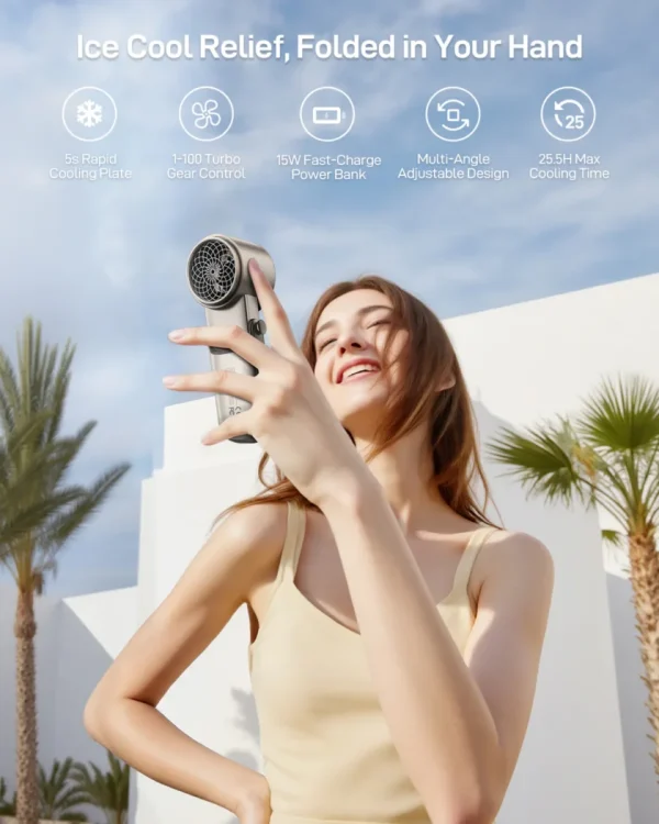 Happy woman holding a silver portable ice-cool relief fan with a power bank feature.