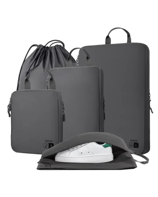 grey-nylon-compression-packing-cubes-travel-set Epicka grey travel packing organizer set with shoe bag, laptop sleeve, and drawstring bag.