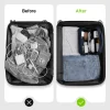 Suitcase before and after, showing messy electronics versus organized tech in a travel organizer pouch.