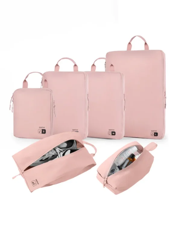 pink-nylon-compression-packing-cubes-set-1 Pink travel packing cube set with shoe and toiletry bags.