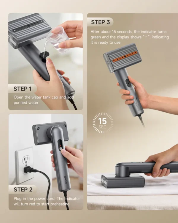 portable-dual-voltage-global-travel-garment-steamer SPICHO handheld garment steamer instructions: fill water, plug in, preheat, steam clothes.
