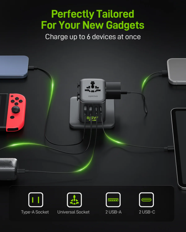 Epicka multi-port universal travel adapter charging phone, Switch, and tablet via USB-A, USB-C, and universal sockets.