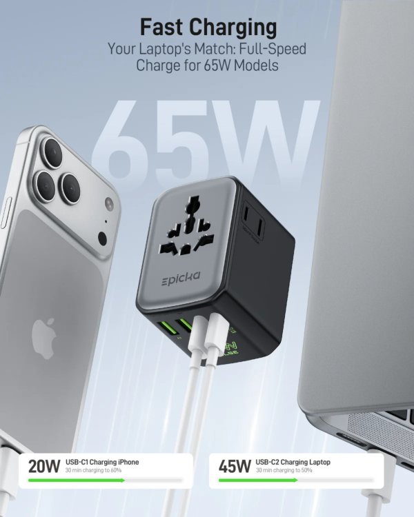 Epicka 65W universal travel adapter fast charging for laptop and iPhone