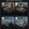 Universal travel adapter demonstrating worldwide plug compatibility for UK, Australia, Europe, and USA/Japan power outlets.