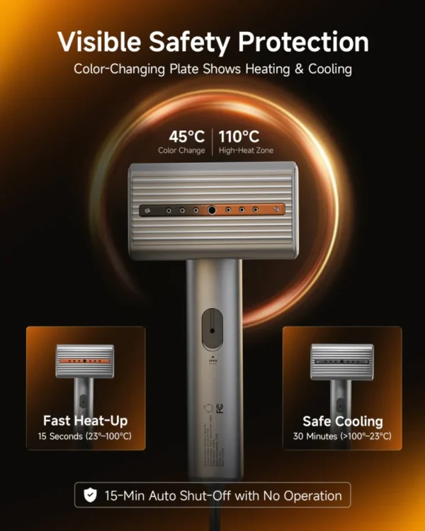 safety-dual-voltage-global-travel-garment-steamer Handheld steamer with visible color-changing heat indicator, fast heat-up, and auto shut-off safety.