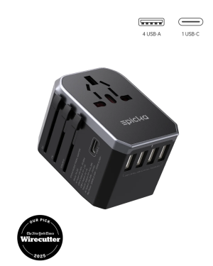 Epicka universal travel adapter with 4 USB-A and 1 USB-C ports, Wirecutter 2025 pick.