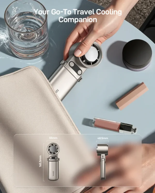 Portable foldable travel cooling fan being packed with dimensions shown.