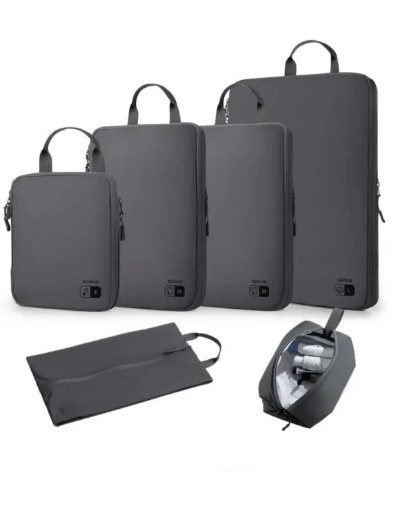 travel-nylon-compression-packing-cubes-set-1 Epicko grey travel packing cube set with shoe bag and toiletry kit.