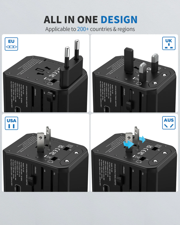 universal-travel-adapter-ta-105 All-in-one universal travel adapter with EU, UK, USA, and AUS plug configurations.