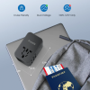 Universal travel power adapter with passport and boarding pass, ideal for cruises and featuring dual voltage (100-240V).